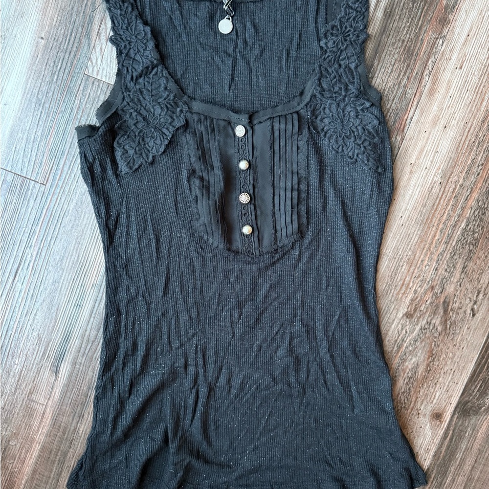 BKE Black Sleeveless Top with Lace Accents